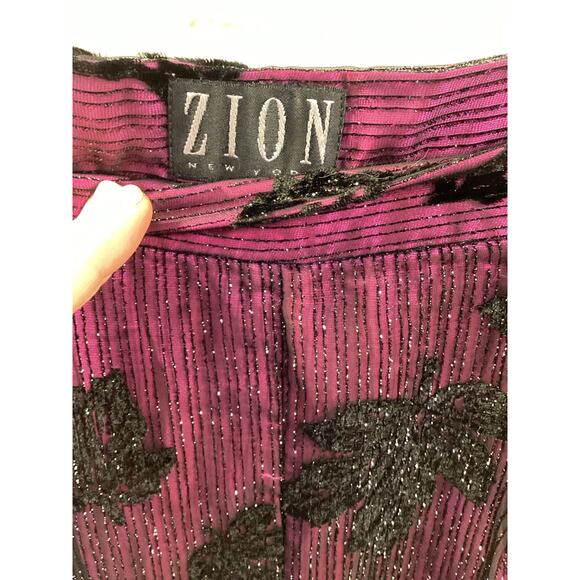 ZION NY Purple Black Metallic Floral Evening Wide 90s High Waist Pants S 27w Hot - Picture 2 of 14